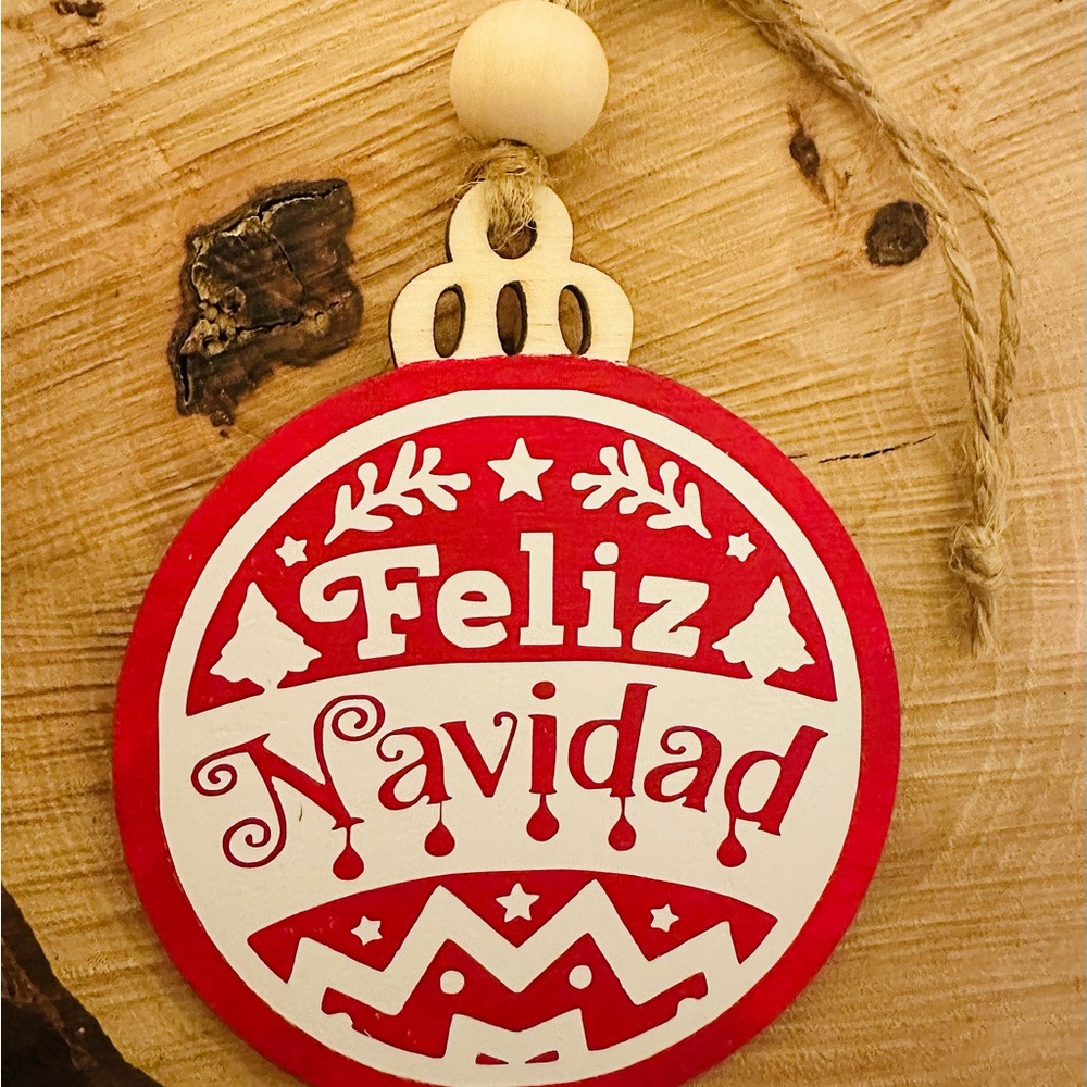 Feliz Navidad ornament, merry Christmas in Spanish wooden ornament, esfera